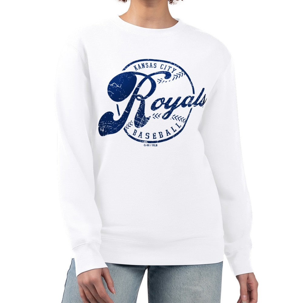 Kansas City Royals G-III 4Her by Carl Banks Women's Distressed Baseball Team Fleece Pullover Sweatshirt White
