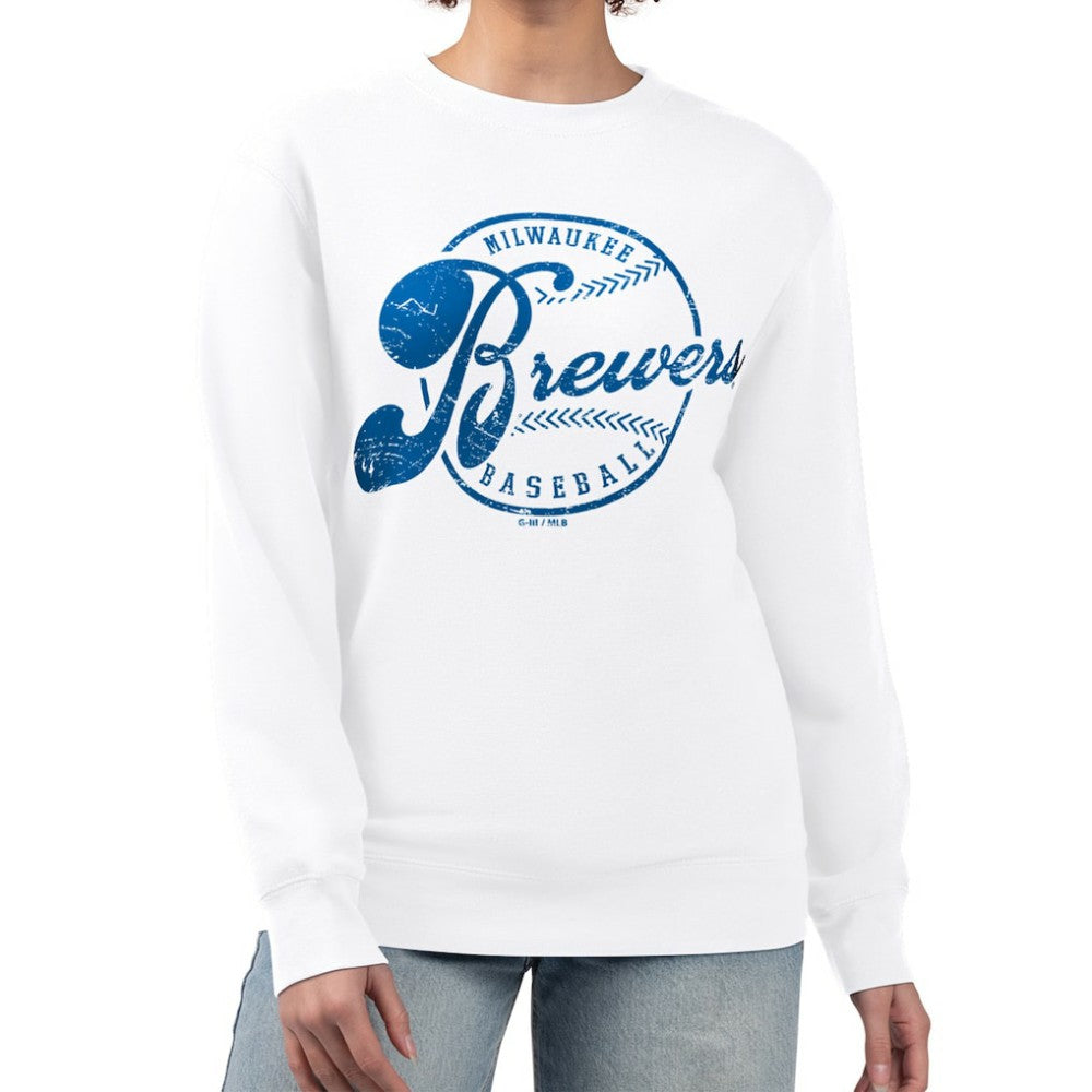 Milwaukee Brewers G-III 4Her by Carl Banks Women's Distressed Baseball Team Fleece Pullover Sweatshirt White