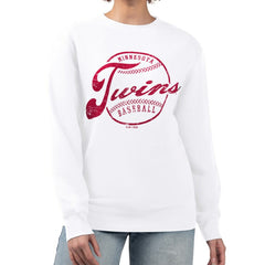 Minnesota Twins G-III 4Her by Carl Banks Women's Distressed Baseball Team Fleece Pullover Sweatshirt White