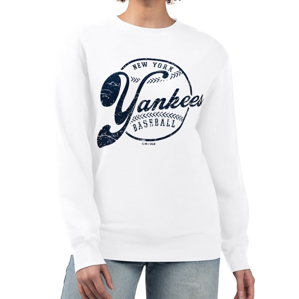 New York Yankees G-III 4Her by Carl Banks Women's Distressed Baseball Team Fleece Pullover Sweatshirt White