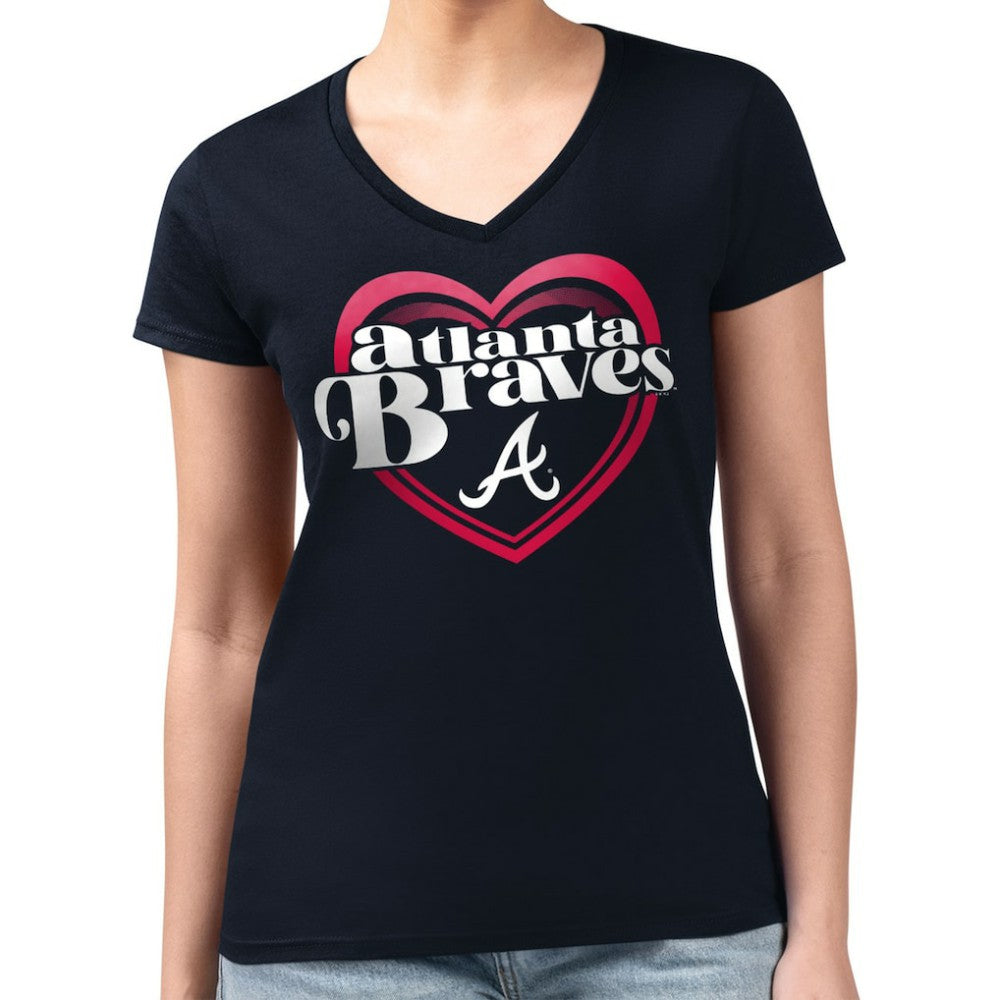 Atlanta Braves G-III 4Her by Carl Banks Women's Super-Slim Fit Lightweight Double Heart V-Neck T-Shirt Navy