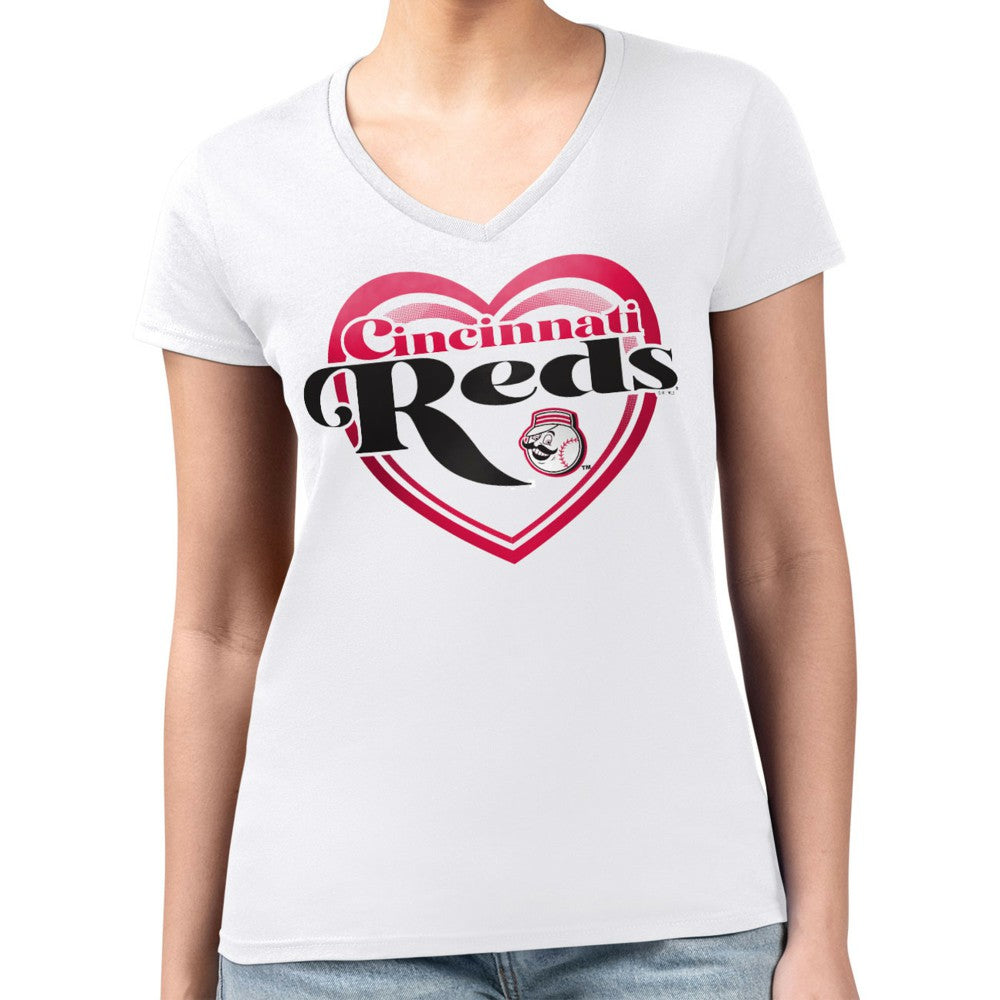 Cincinnati Reds G-III 4Her by Carl Banks Women's Super-Slim Fit Lightweight Double Heart V-Neck T-Shirt White