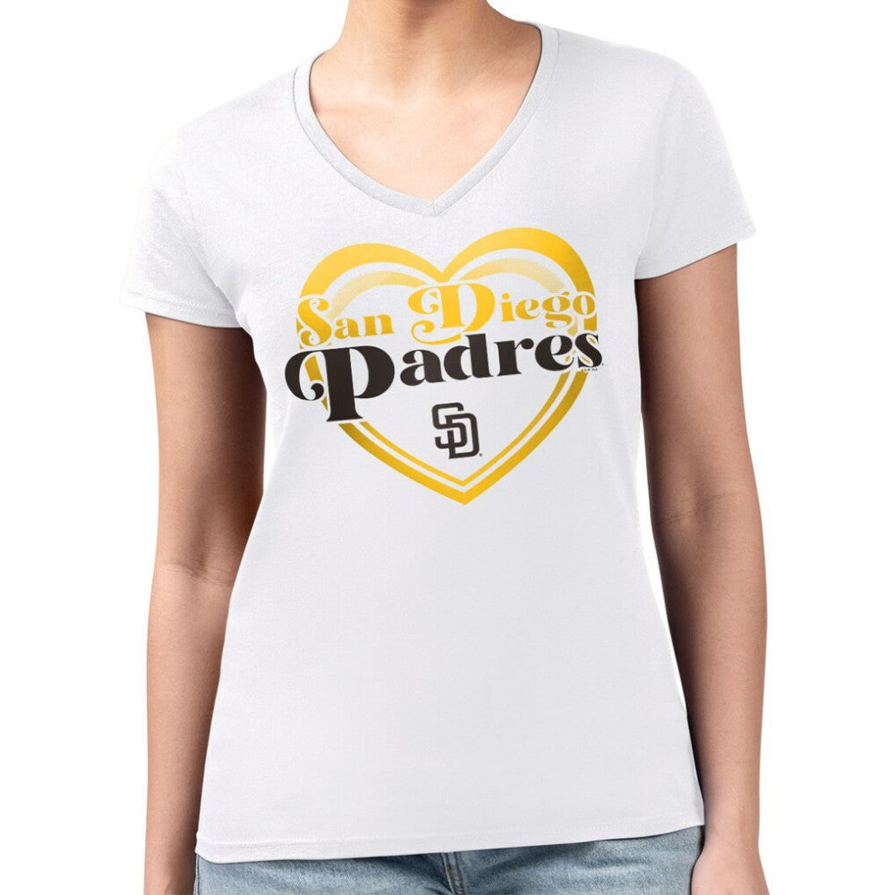 San Diego Padres G-III 4Her by Carl Banks Women's Super-Slim Fit Lightweight Double Heart V-Neck T-Shirt White
