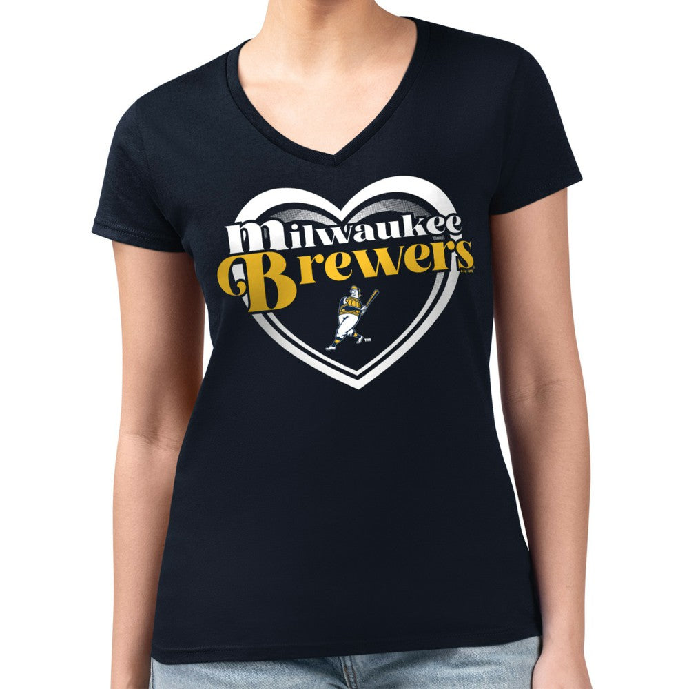 Milwaukee Brewers G-III 4Her by Carl Banks Women's Super-Slim Fit Lightweight Double Heart V-Neck T-Shirt Navy