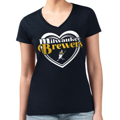 Milwaukee Brewers G-III 4Her by Carl Banks Women's Super-Slim Fit Lightweight Double Heart V-Neck T-Shirt Navy