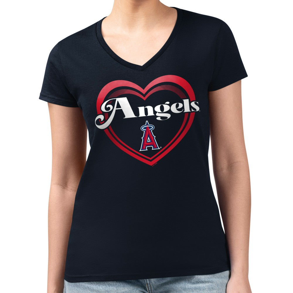 Los Angeles Angels G-III 4Her by Carl Banks Women's Super-Slim Fit Lightweight Double Heart V-Neck T-Shirt Navy