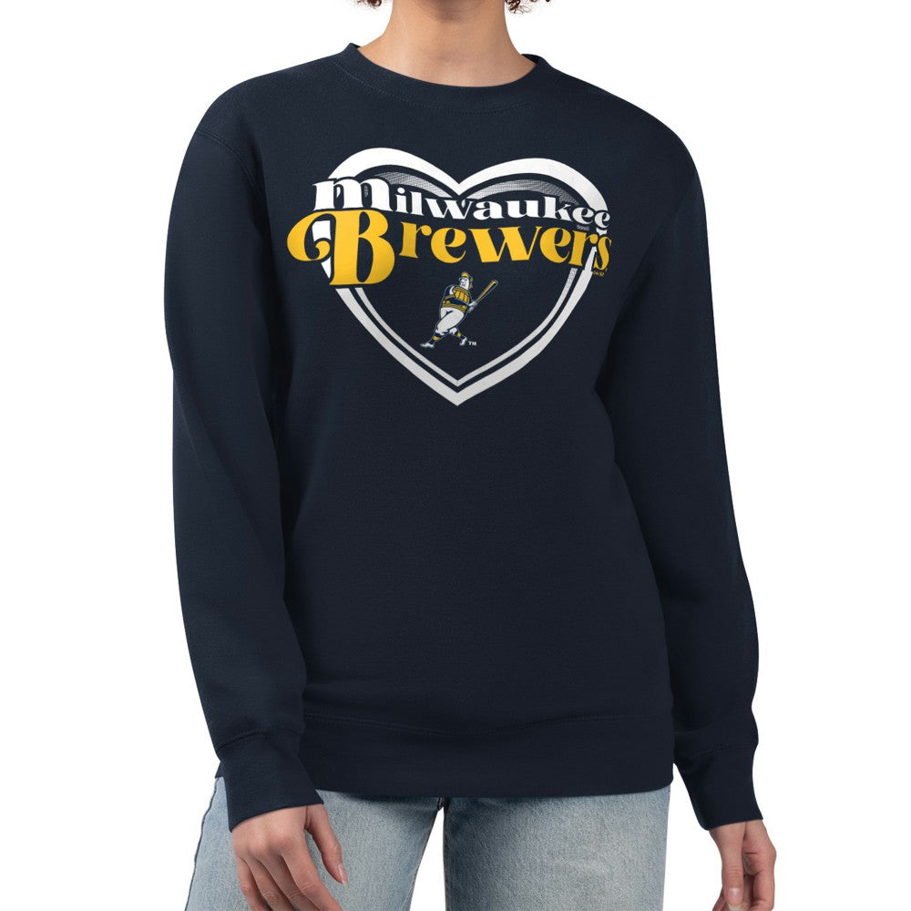 Milwaukee Brewers G-III 4Her by Carl Banks Women's Double Heart Fleece Pullover Sweatshirt Navy