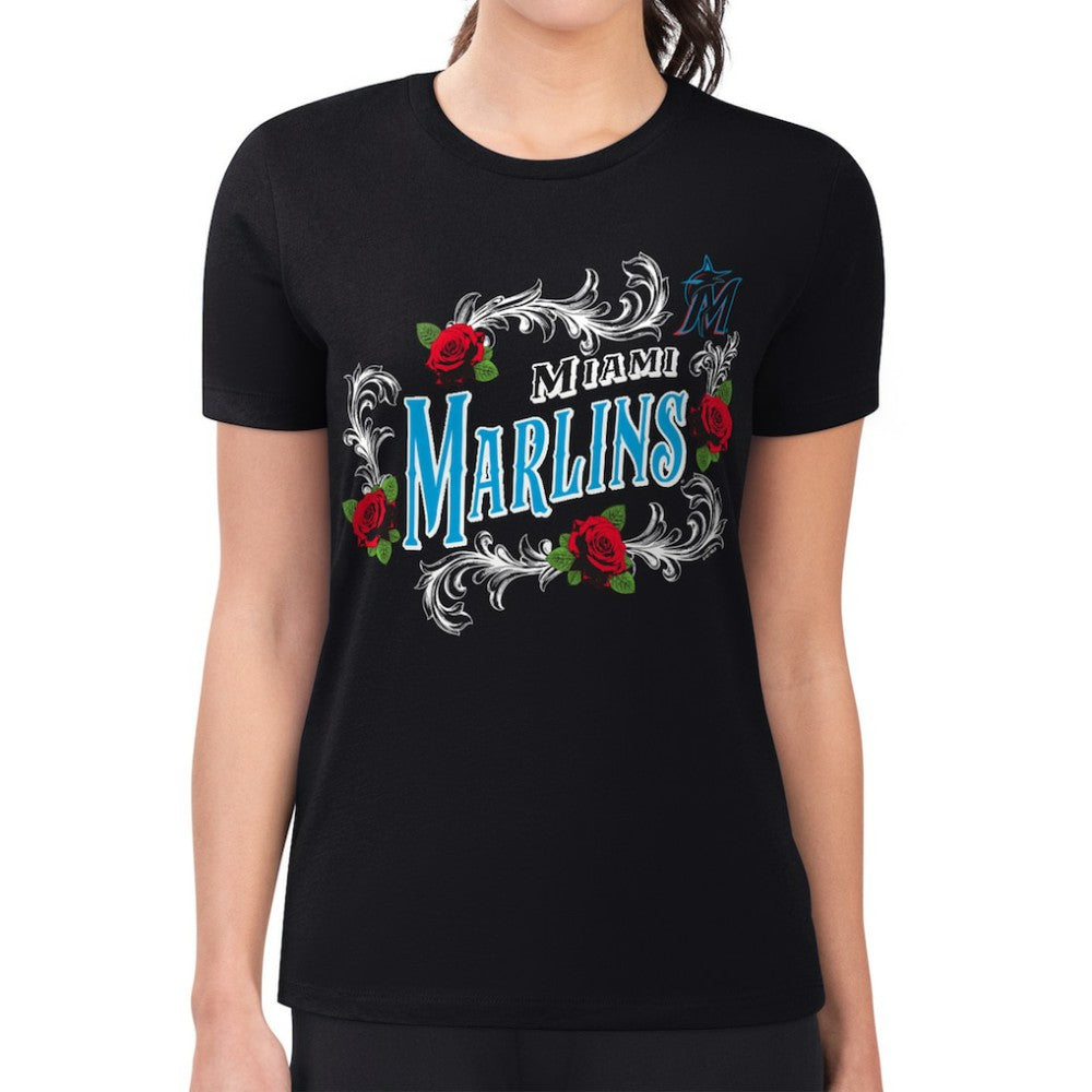 Miami Marlins G-III 4Her by Carl Banks Women's Super-Slim Fit Lightweight Retro Roses T-Shirt Black