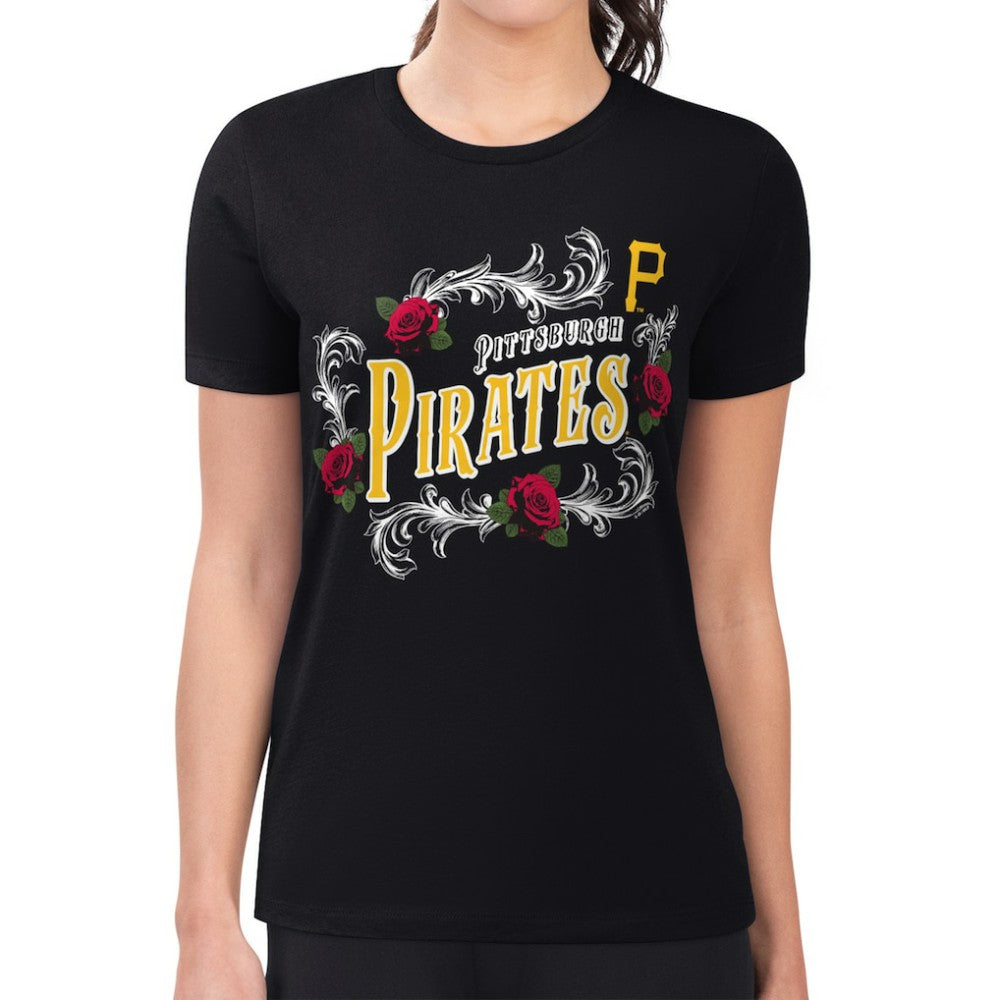 Pittsburgh Pirates G-III 4Her by Carl Banks Women's Super-Slim Fit Lightweight Retro Roses T-Shirt Black