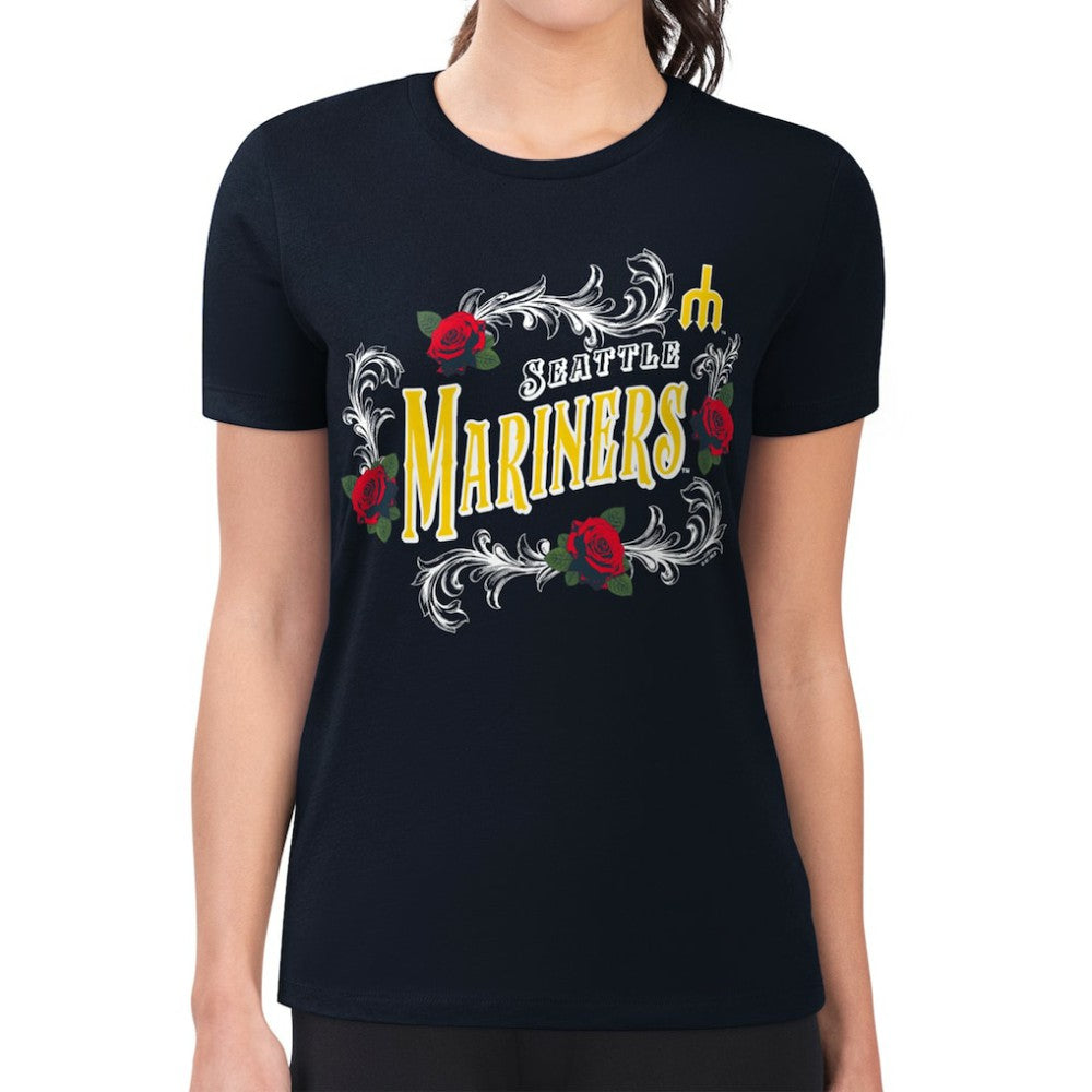 Seattle Mariners G-III 4Her by Carl Banks Women's Super-Slim Fit Lightweight Retro Roses T-Shirt Navy