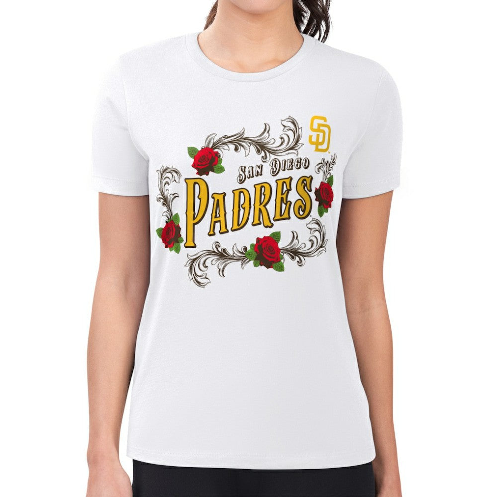 San Diego Padres G-III 4Her by Carl Banks Women's Super-Slim Fit Lightweight Retro Roses T-Shirt White