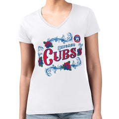 Chicago Cubs G-III 4Her by Carl Banks Women's Super-Slim Fit Lightweight Retro Roses V-Neck T-Shirt White