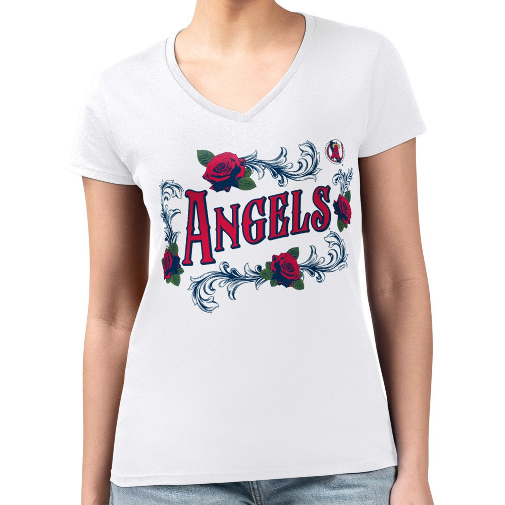 Los Angeles Angels G-III 4Her by Carl Banks Women's Super-Slim Fit Lightweight Retro Roses V-Neck T-Shirt White