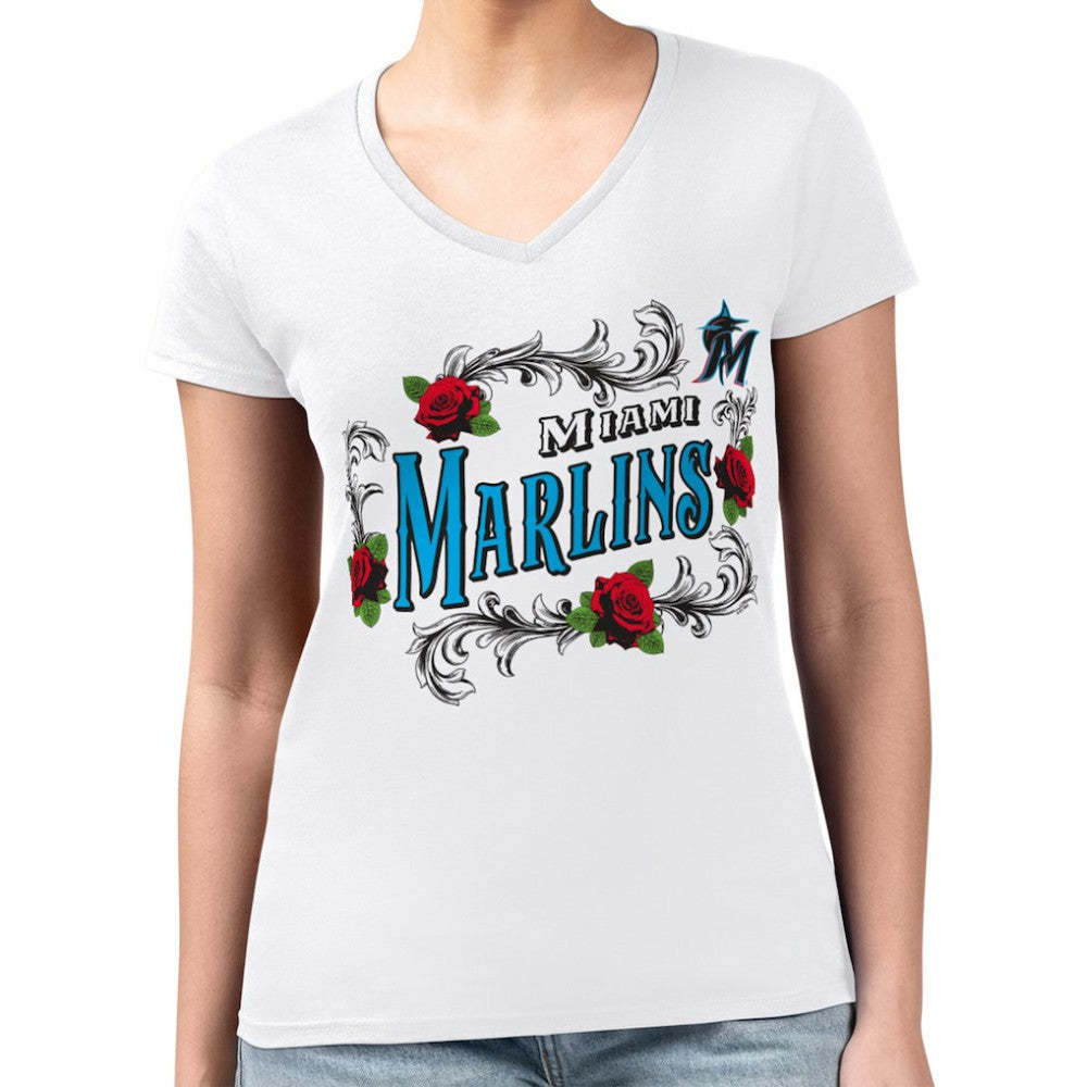 Miami Marlins G-III 4Her by Carl Banks Women's Super-Slim Fit Lightweight Retro Roses V-Neck T-Shirt White