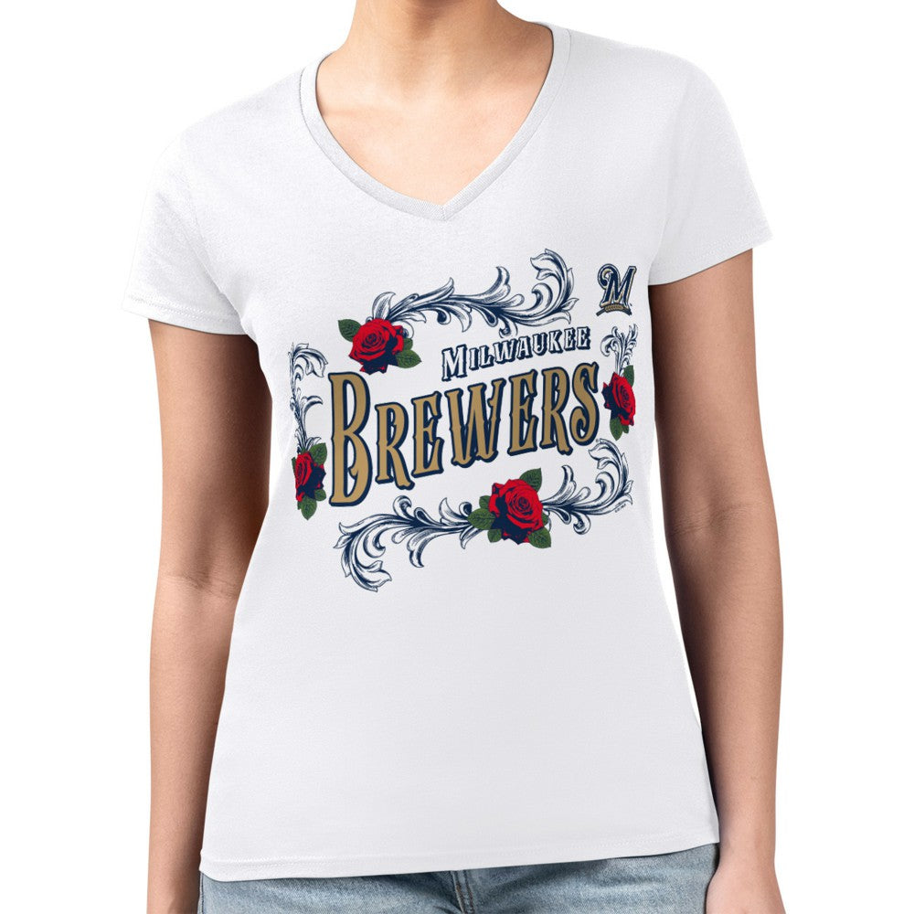 Milwaukee Brewers G-III 4Her by Carl Banks Women's Super-Slim Fit Lightweight Retro Roses V-Neck T-Shirt White