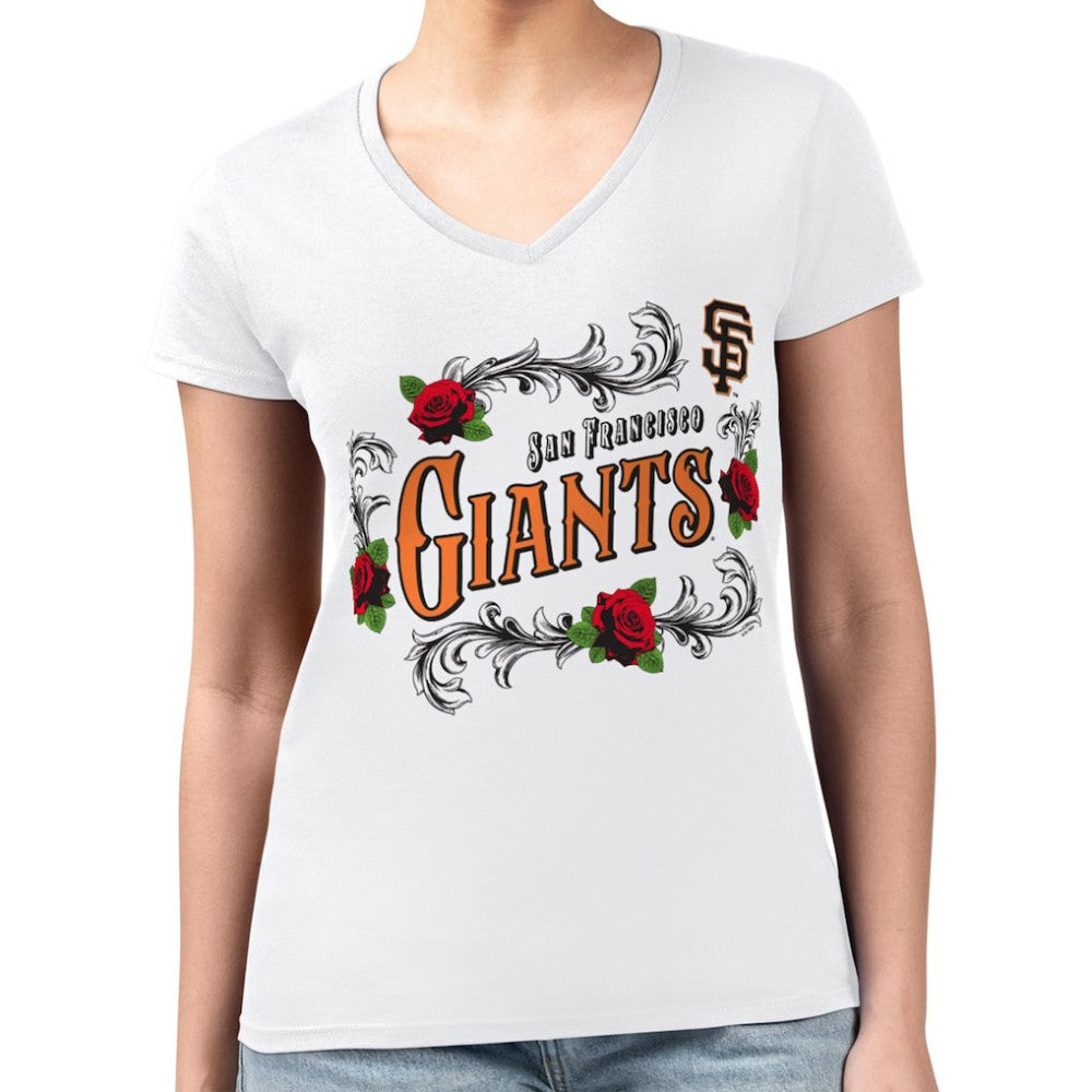 San Francisco Giants G-III 4Her by Carl Banks Women's Super-Slim Fit Lightweight Retro Roses V-Neck T-Shirt White
