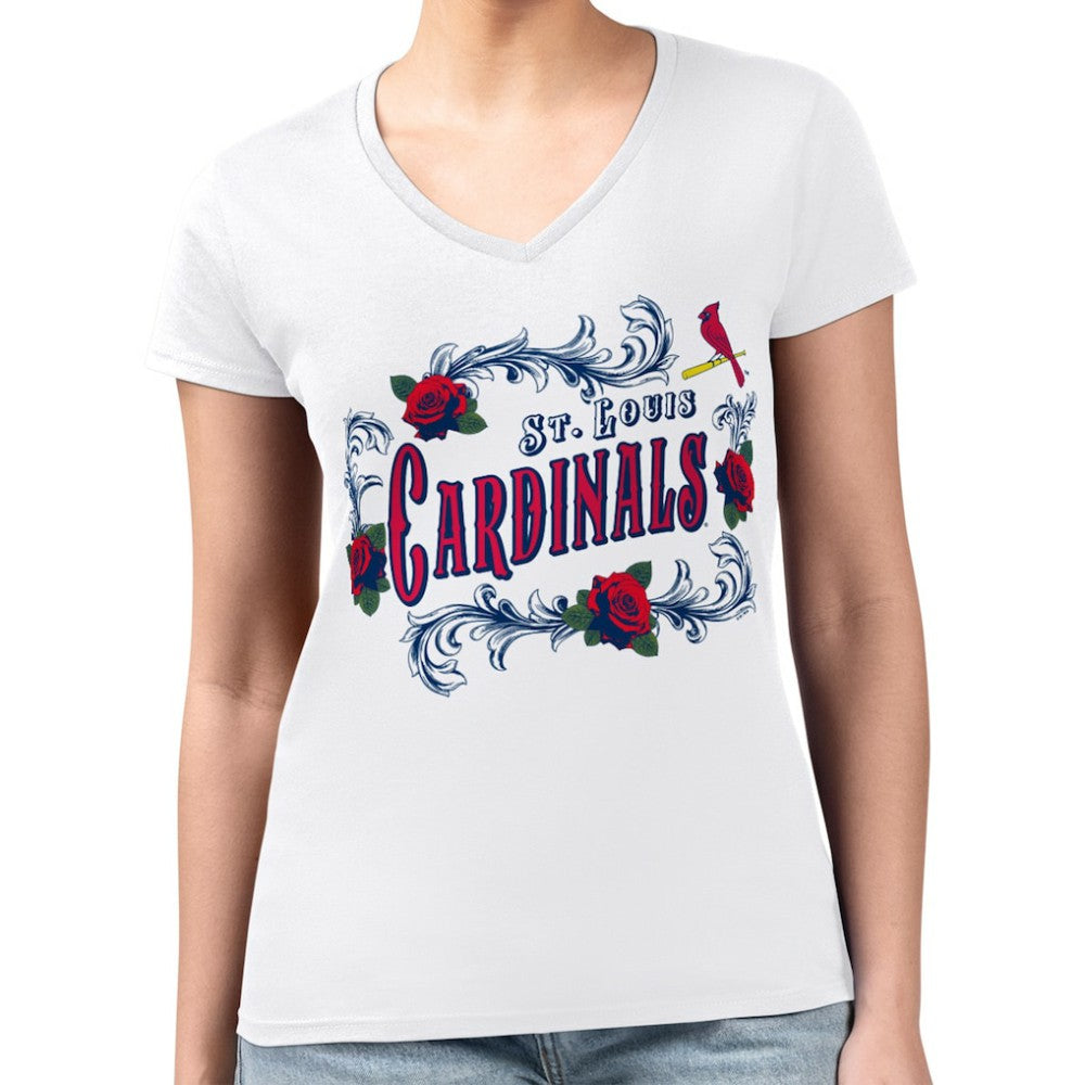St. Louis Cardinals G-III 4Her by Carl Banks Women's Super-Slim Fit Lightweight Retro Roses V-Neck T-Shirt White