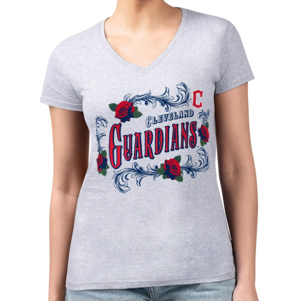 Cleveland Guardians G-III 4Her by Carl Banks Women's Super-Slim Fit Lightweight Retro Roses V-Neck T-Shirt Gray