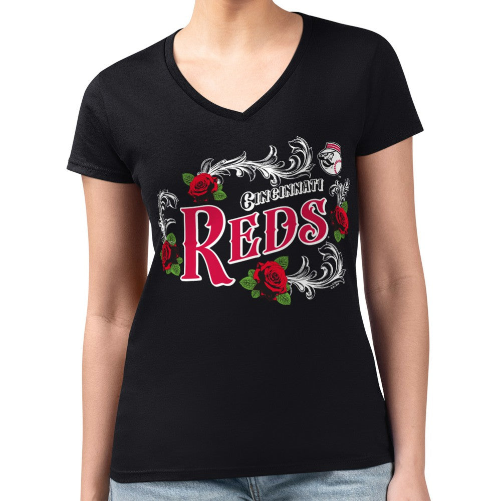 Cincinnati Reds G-III 4Her by Carl Banks Women's Super-Slim Fit Lightweight Retro Roses V-Neck T-Shirt Black
