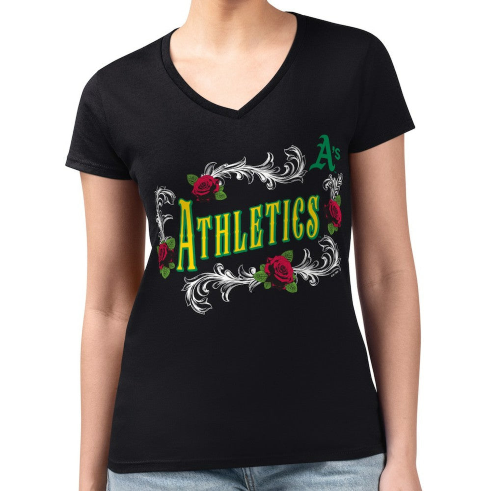 Athletics G-III 4Her by Carl Banks Women's Super-Slim Fit Lightweight Retro Roses V-Neck T-Shirt Black