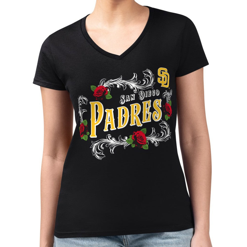 San Diego Padres G-III 4Her by Carl Banks Women's Super-Slim Fit Lightweight Retro Roses V-Neck T-Shirt Black