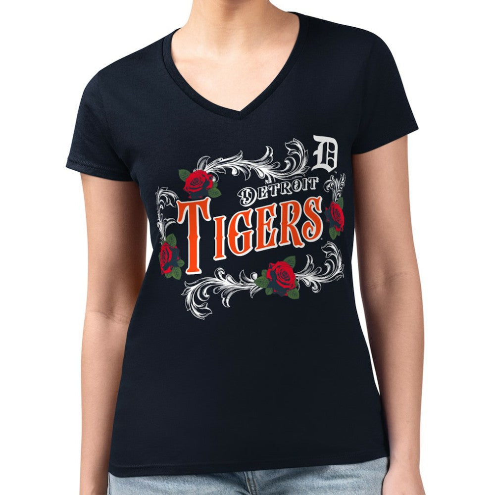 Detroit Tigers G-III 4Her by Carl Banks Women's Super-Slim Fit Lightweight Retro Roses V-Neck T-Shirt Navy