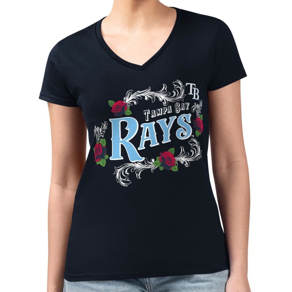 Tampa Bay Rays G-III 4Her by Carl Banks Women's Super-Slim Fit Lightweight Retro Roses V-Neck T-Shirt Navy