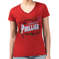 Philadelphia Phillies G-III 4Her by Carl Banks Women's Super-Slim Fit Lightweight Retro Roses V-Neck T-Shirt Red