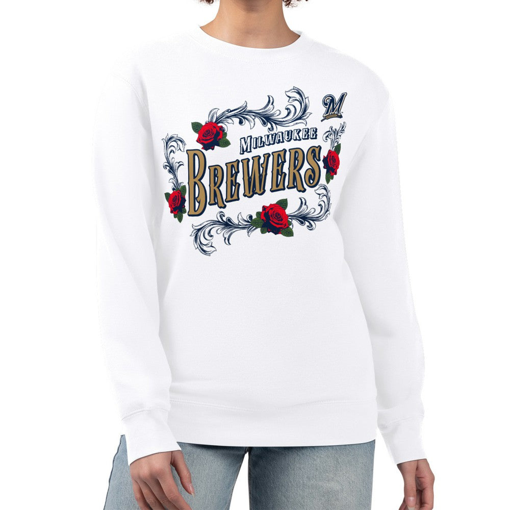 Milwaukee Brewers G-III 4Her by Carl Banks Women's Retro Roses Fleece Pullover Sweatshirt White