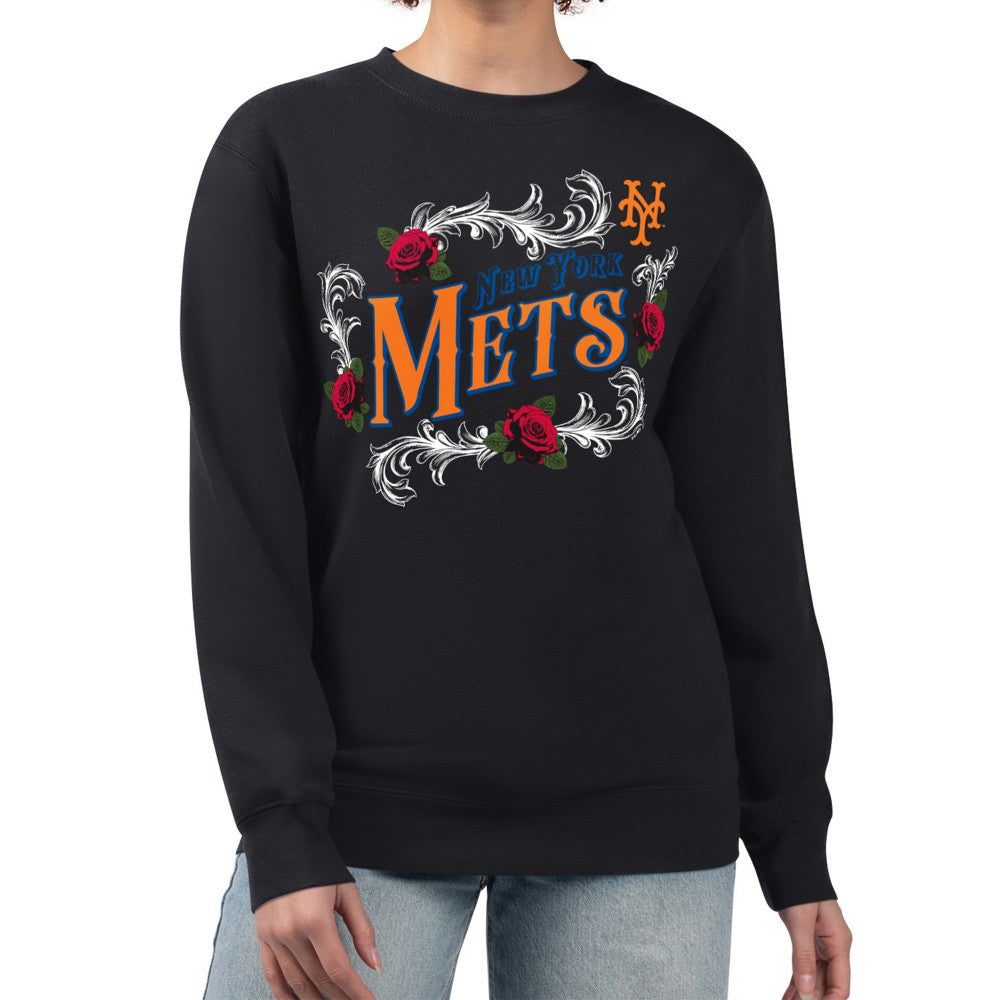 New York Mets G-III 4Her by Carl Banks Women's Retro Roses Fleece Pullover Sweatshirt Black