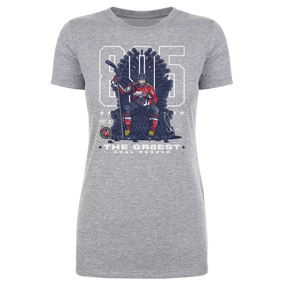 Alexander Ovechkin Washington Capitals 500 Level Women's NHL All-Time Leading Goal Scorer Throne T-Shirt Heather Gray