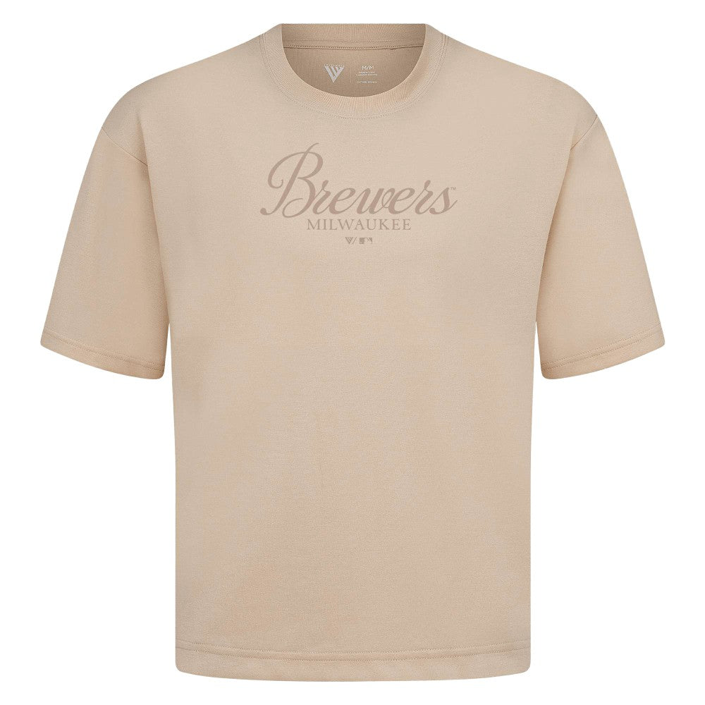 Milwaukee Brewers Levelwear Ethereal Oversized Luxe Signature Knit T-Shirt Khaki