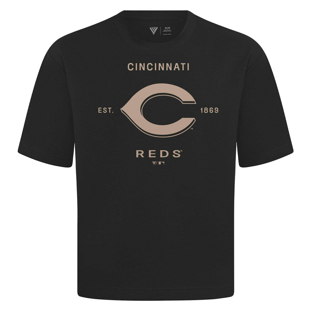 Cincinnati Reds Levelwear Crossway Oversized Luxe Signature Knit T-Shirt Black