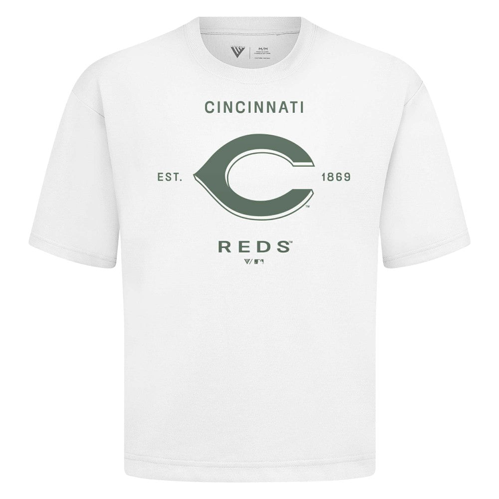 Cincinnati Reds Levelwear Crossway Oversized Luxe Signature Knit T-Shirt White