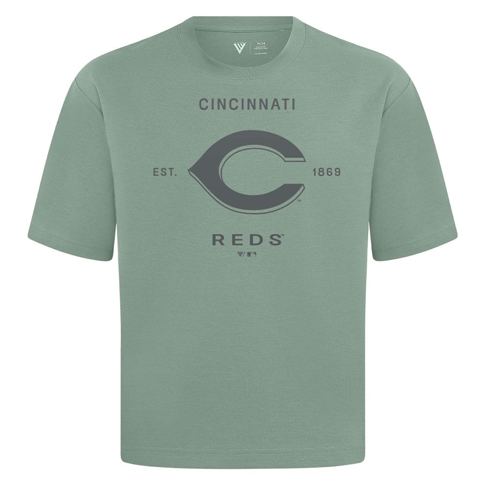 Cincinnati Reds Levelwear Crossway Oversized Luxe Signature Knit T-Shirt Green