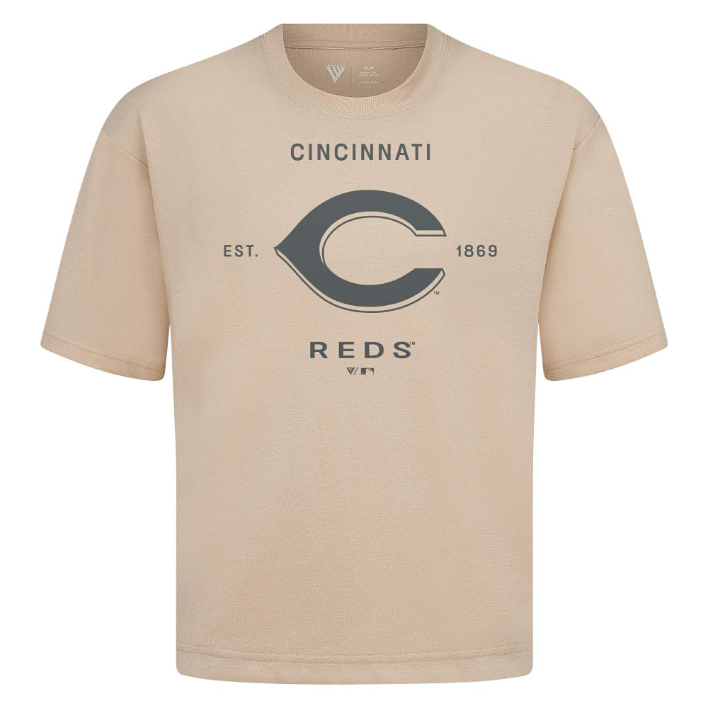 Cincinnati Reds Levelwear Crossway Oversized Luxe Signature Knit T-Shirt Khaki