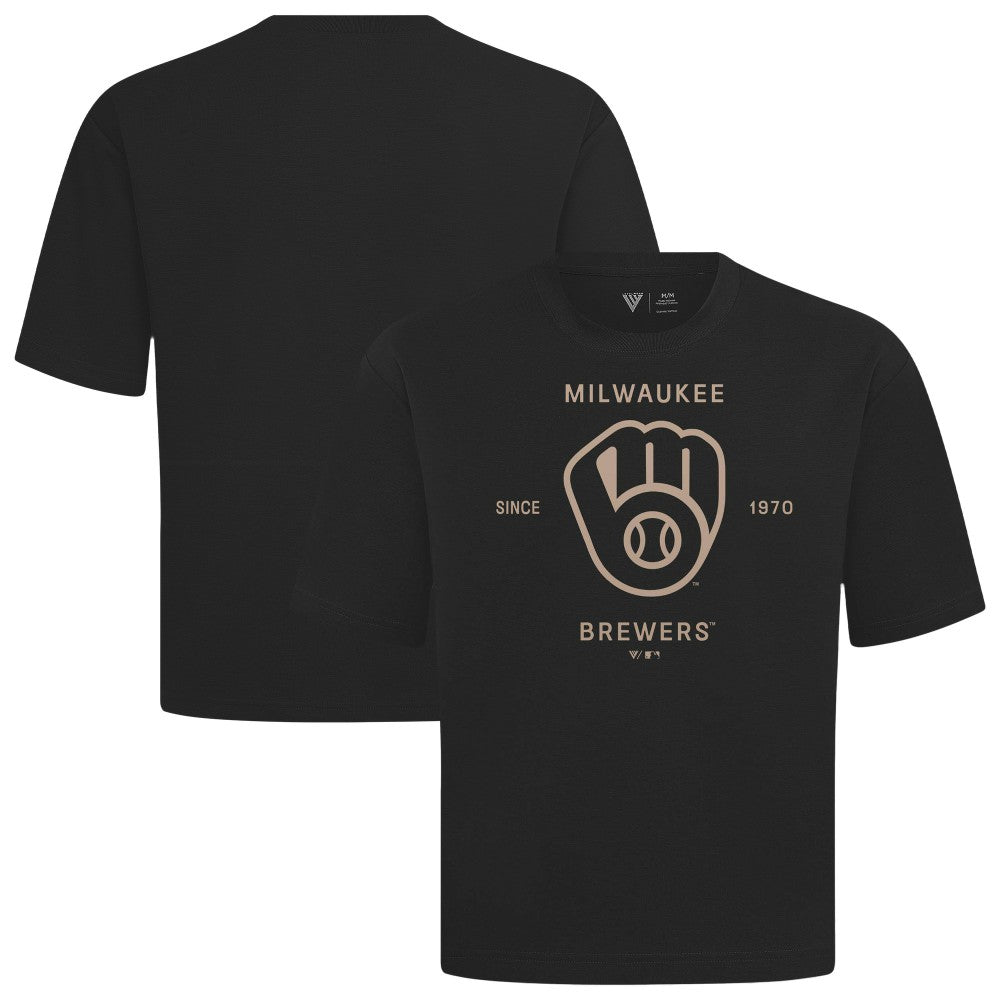 Milwaukee Brewers Levelwear Crossway Oversized Luxe Signature Knit T-Shirt Black