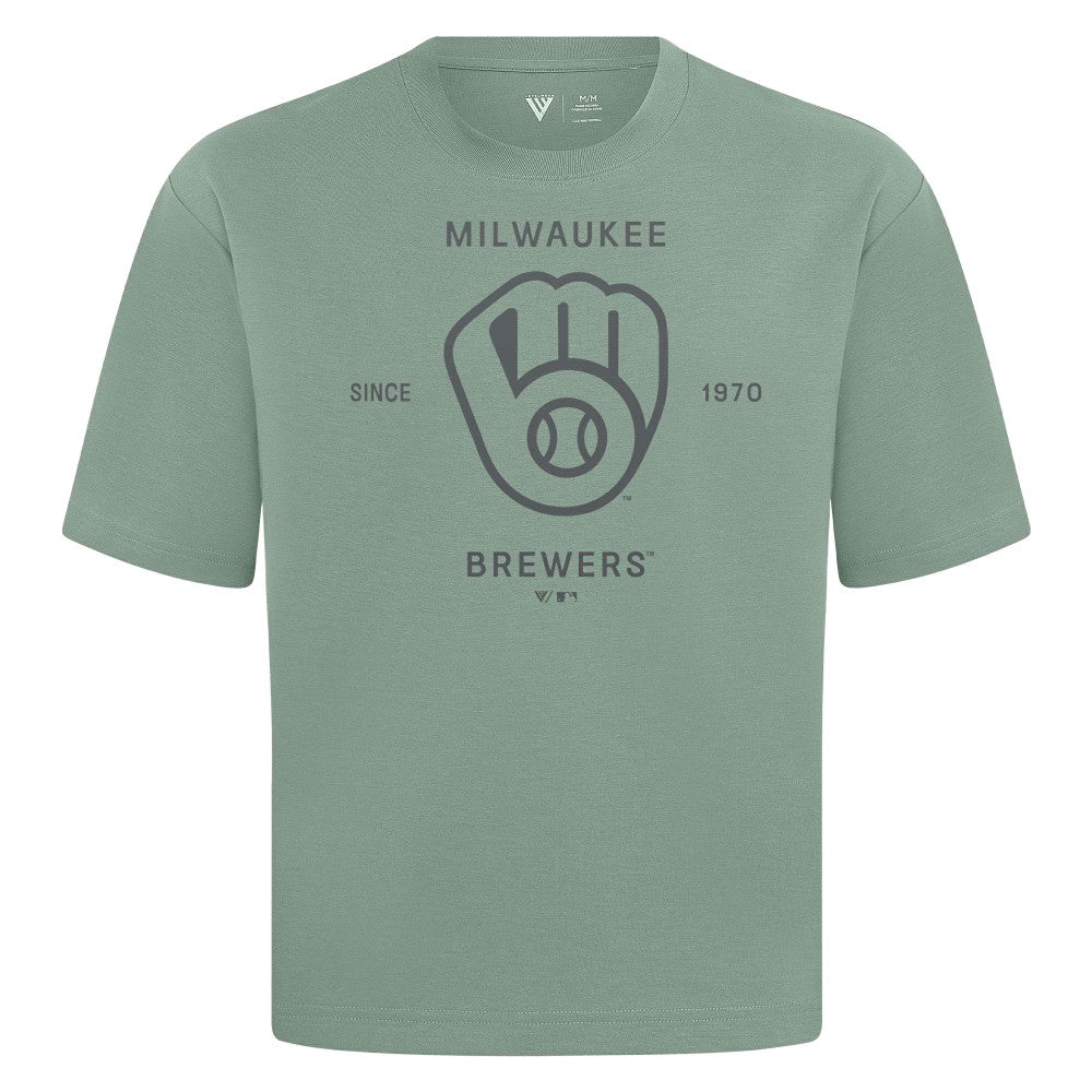 Milwaukee Brewers Levelwear Crossway Oversized Luxe Signature Knit T-Shirt Green