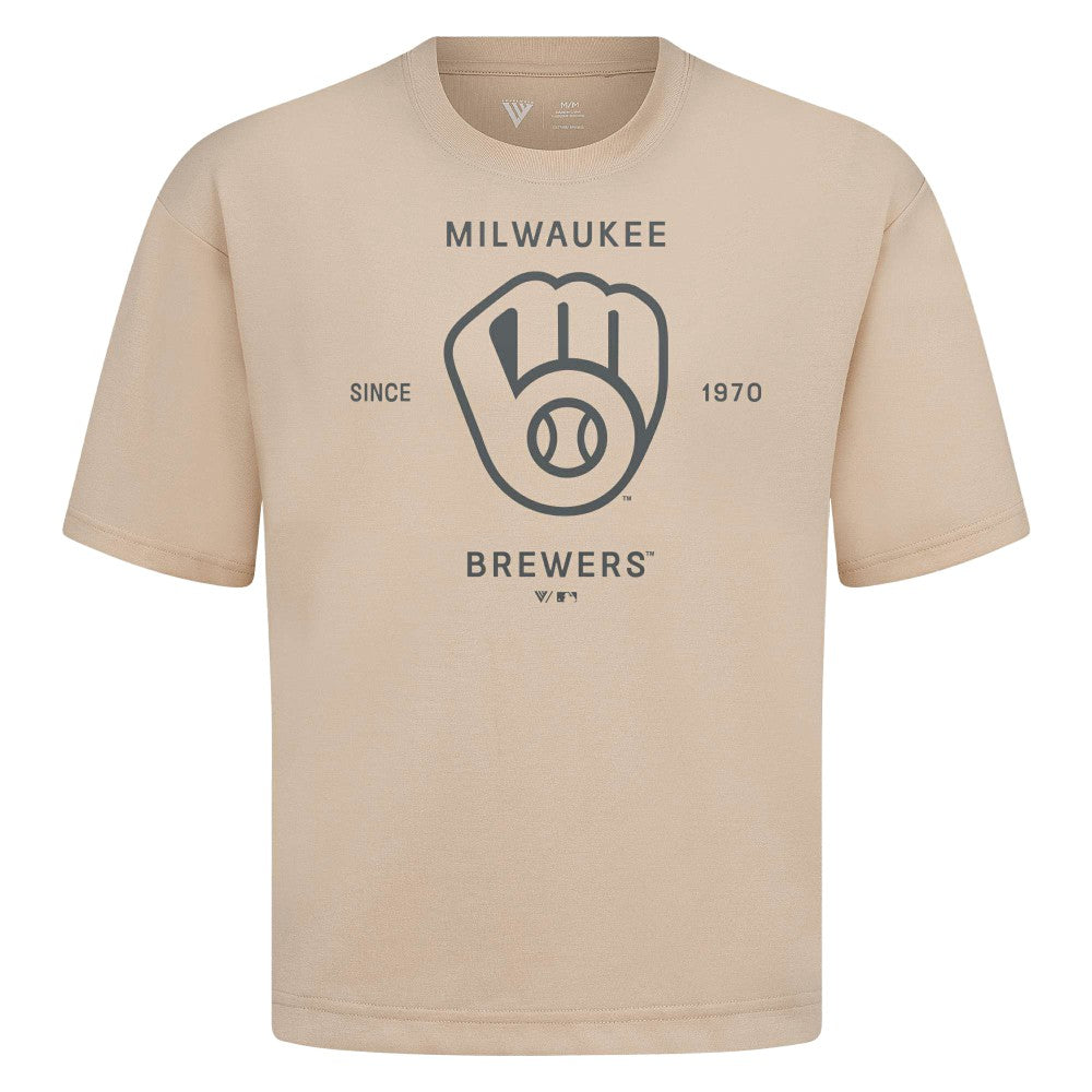 Milwaukee Brewers Levelwear Crossway Oversized Luxe Signature Knit T-Shirt Khaki