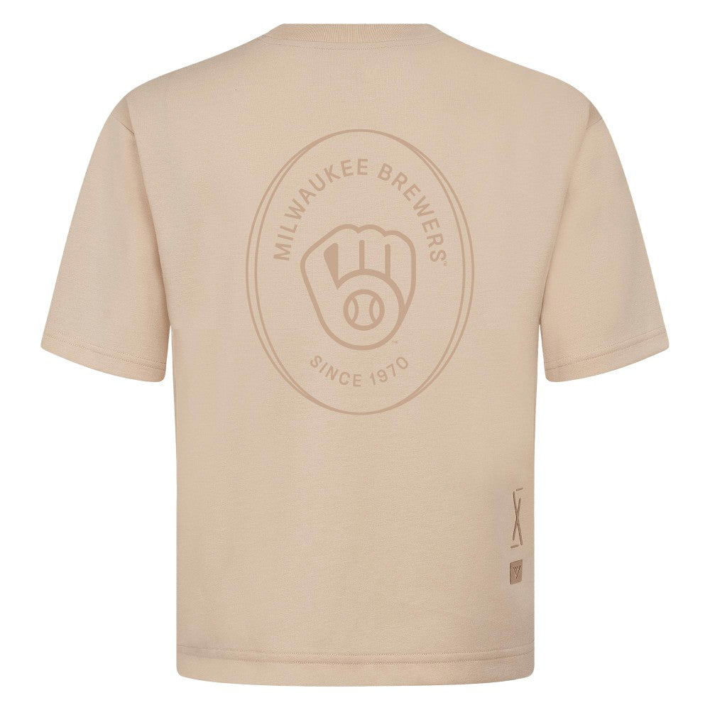 Milwaukee Brewers Levelwear Signet Oversized Luxe Signature Knit T-Shirt Khaki