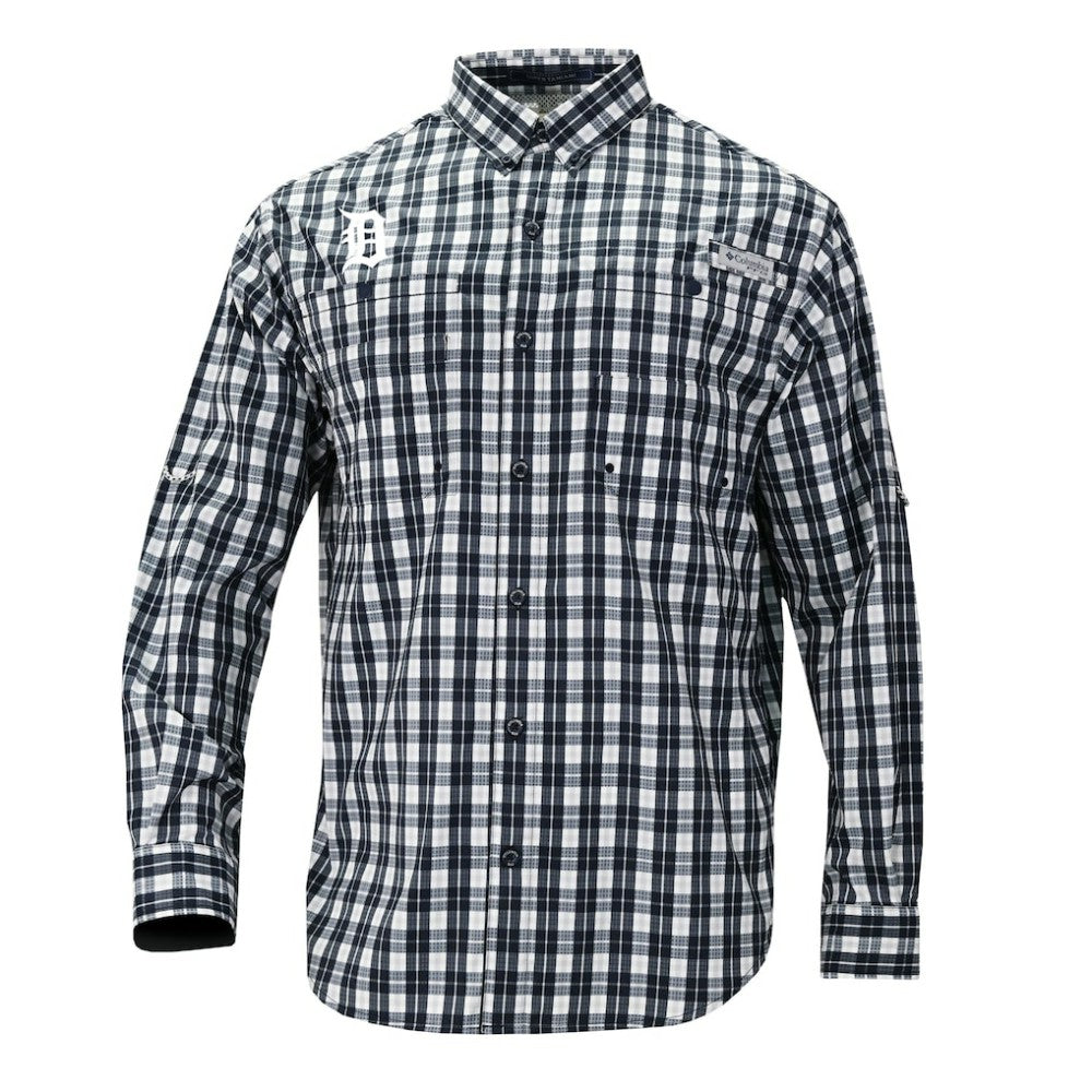 Detroit Tigers Super Tamiami Omni-Shade Long Sleeve Button-Down Shirt Navy | Columbia