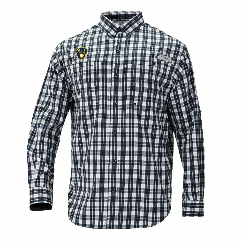 Milwaukee Brewers Super Tamiami Omni-Shade Long Sleeve Button-Down Shirt Navy | Columbia