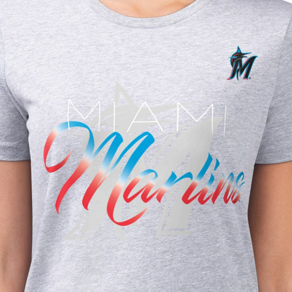Miami Marlins G-III 4Her by Carl Banks Women's Super-Slim Fit Lightweight Shadow Logo Graphic T-Shirt Heather Gray