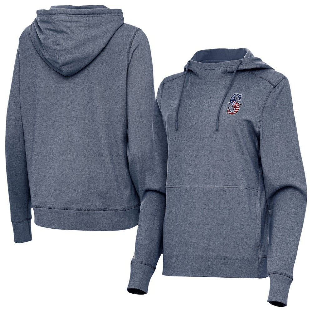 Seattle Mariners Antigua Women's Justice Stars and Stripes Team Logo Pullover Hoodie Heather Navy