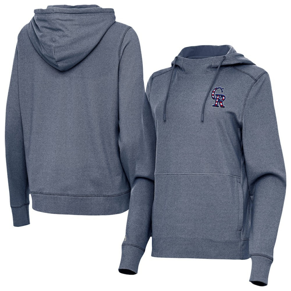 Colorado Rockies Antigua Women's Justice Stars and Stripes Team Logo Pullover Hoodie Heather Navy