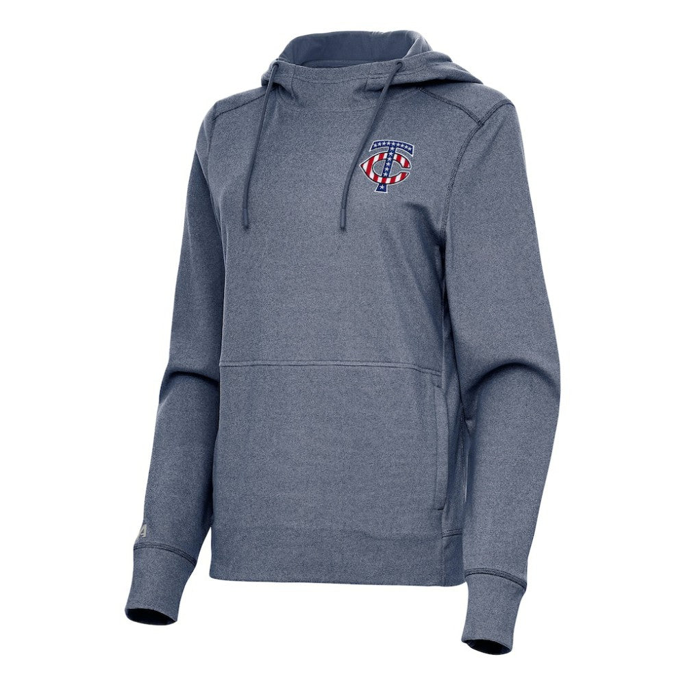 Minnesota Twins Antigua Women's Justice Stars and Stripes Team Logo Pullover Hoodie Heather Navy