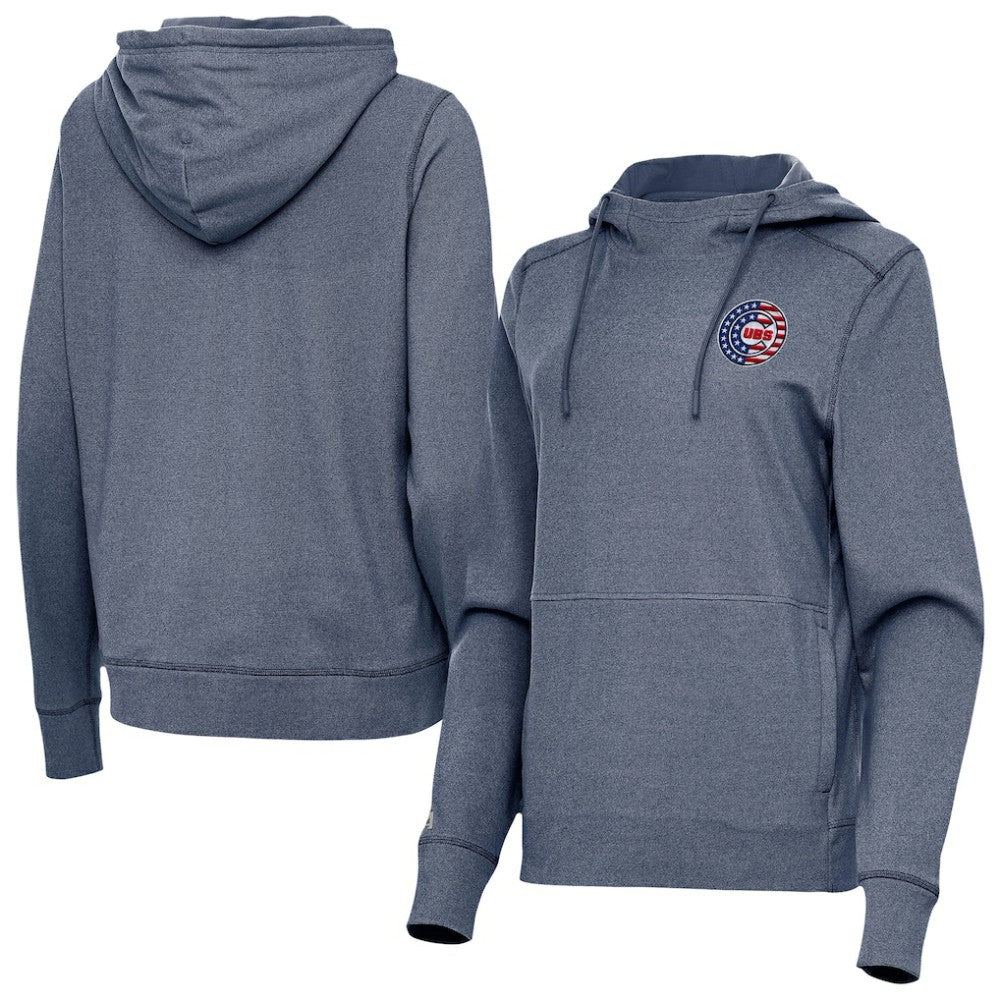 Chicago Cubs Antigua Women's Justice Stars and Stripes Team Logo Pullover Hoodie Heather Navy