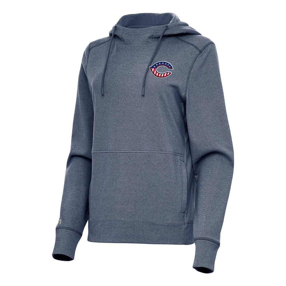 Cincinnati Reds Antigua Women's Justice Stars and Stripes Team Logo Pullover Hoodie Heather Navy