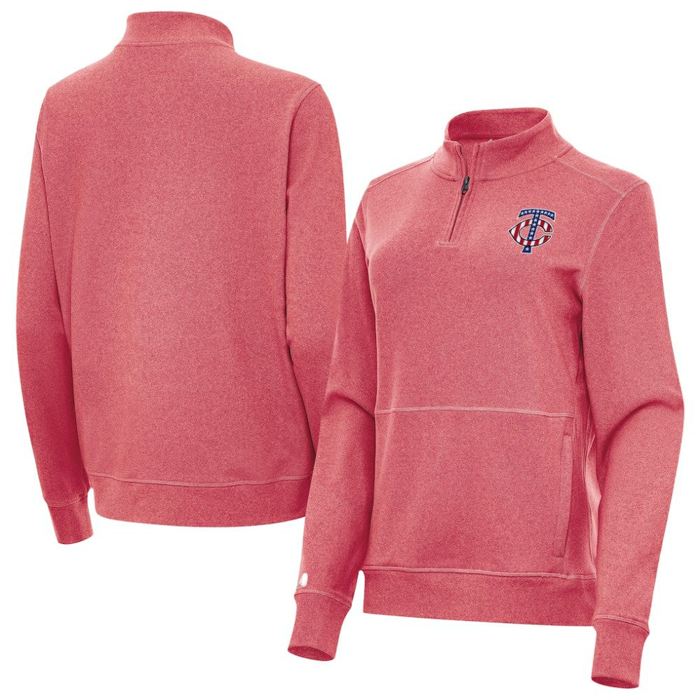 Minnesota Twins Antigua Women's Crush Stars and Stripes Team Logo Quarter-Zip Pullover Top Heather Red