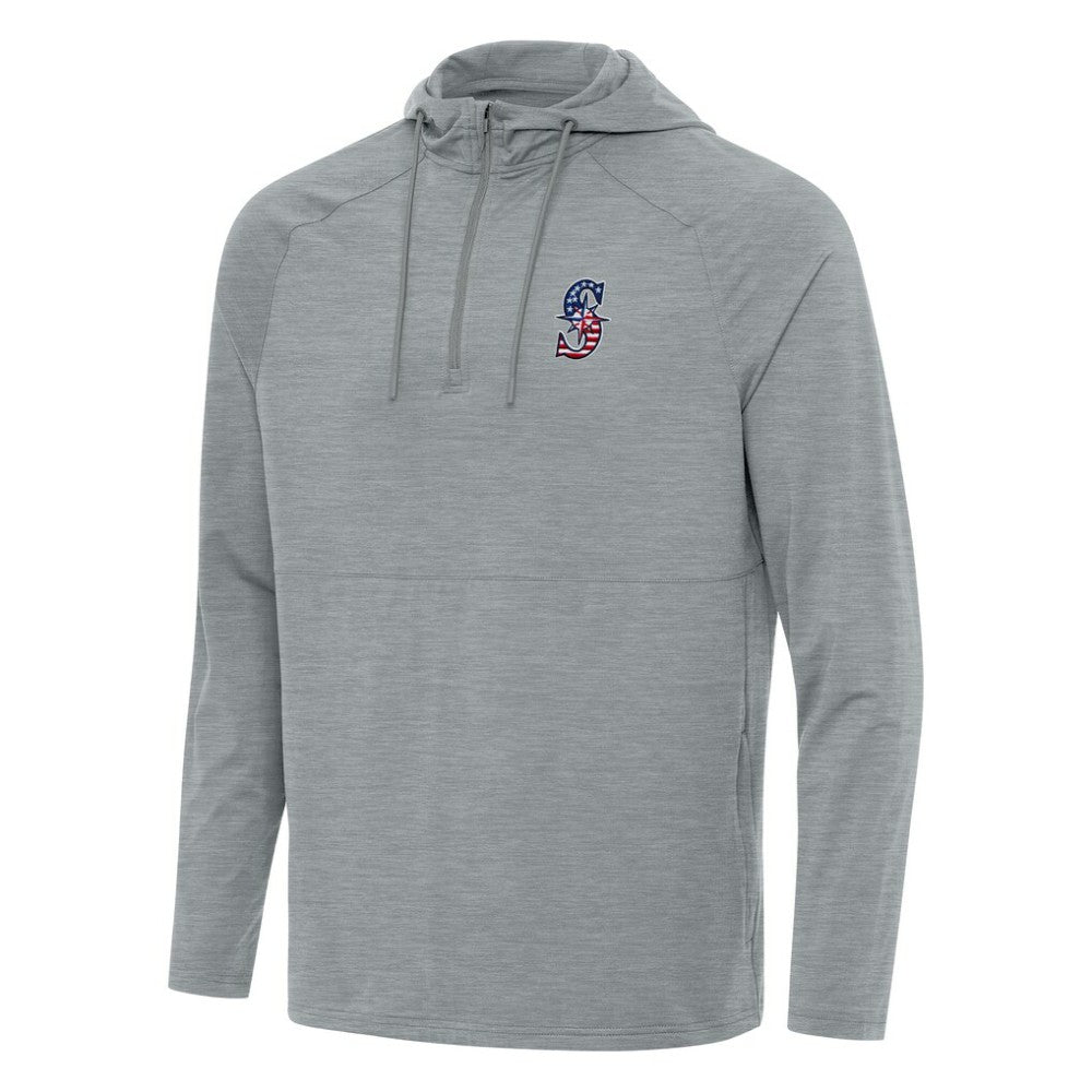 Seattle Mariners Antigua Spikes Stars and Stripes Team Logo Quarter-Zip Pullover Hoodie Heather Gray